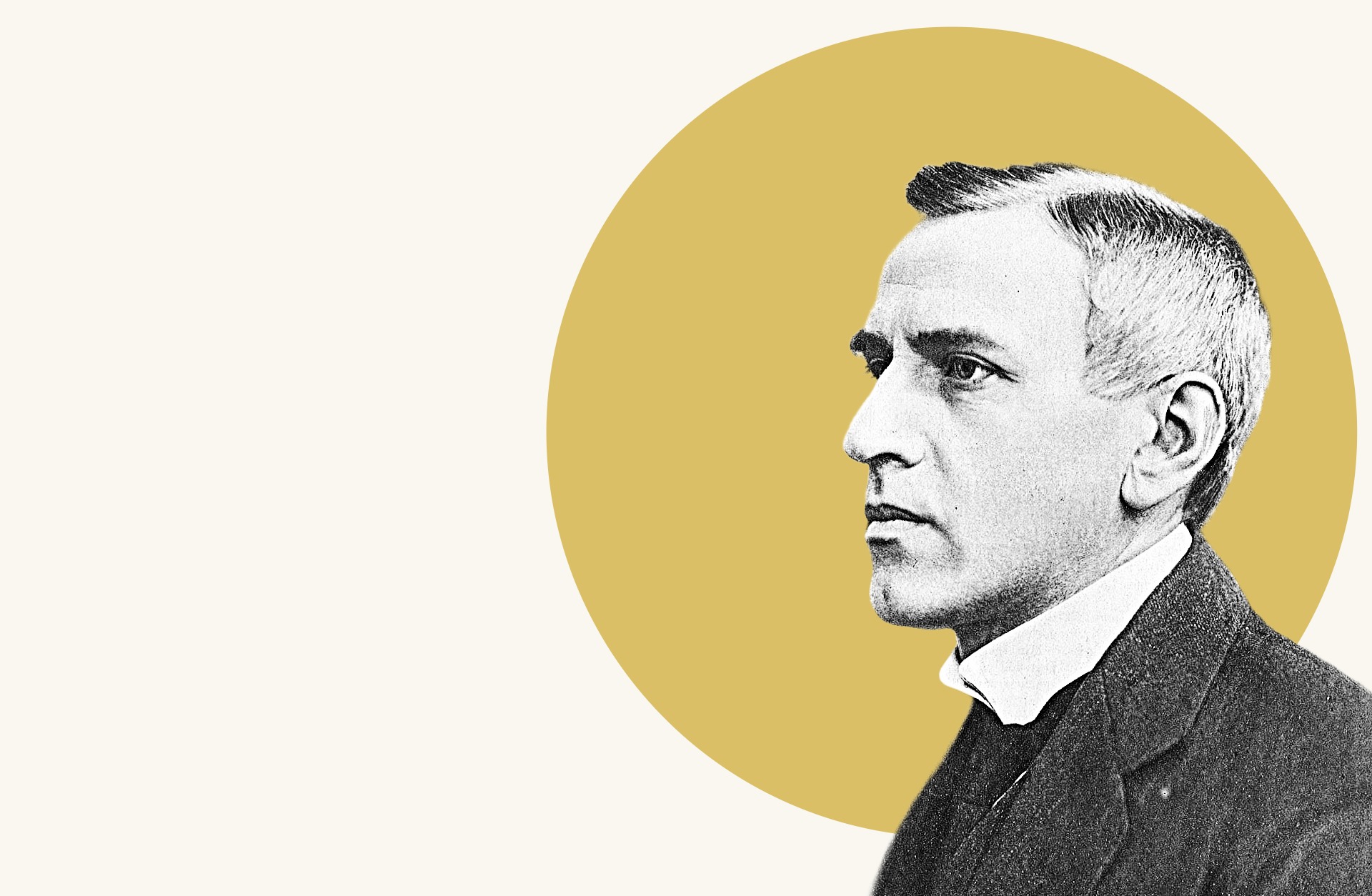 Tonsättaren Wilhelm Stenhammar i svartvitt mot en bakgrund av en gukdfärgad cirkel.