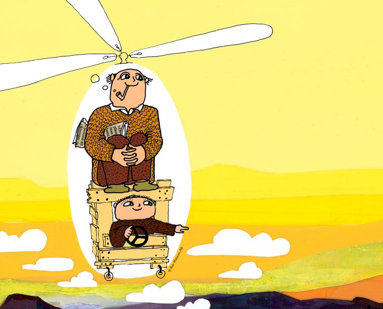 Två tecknade figurer flyger i en fantasifull, hemmabyggd helikopter över en färgstark småstad i solnedgång.